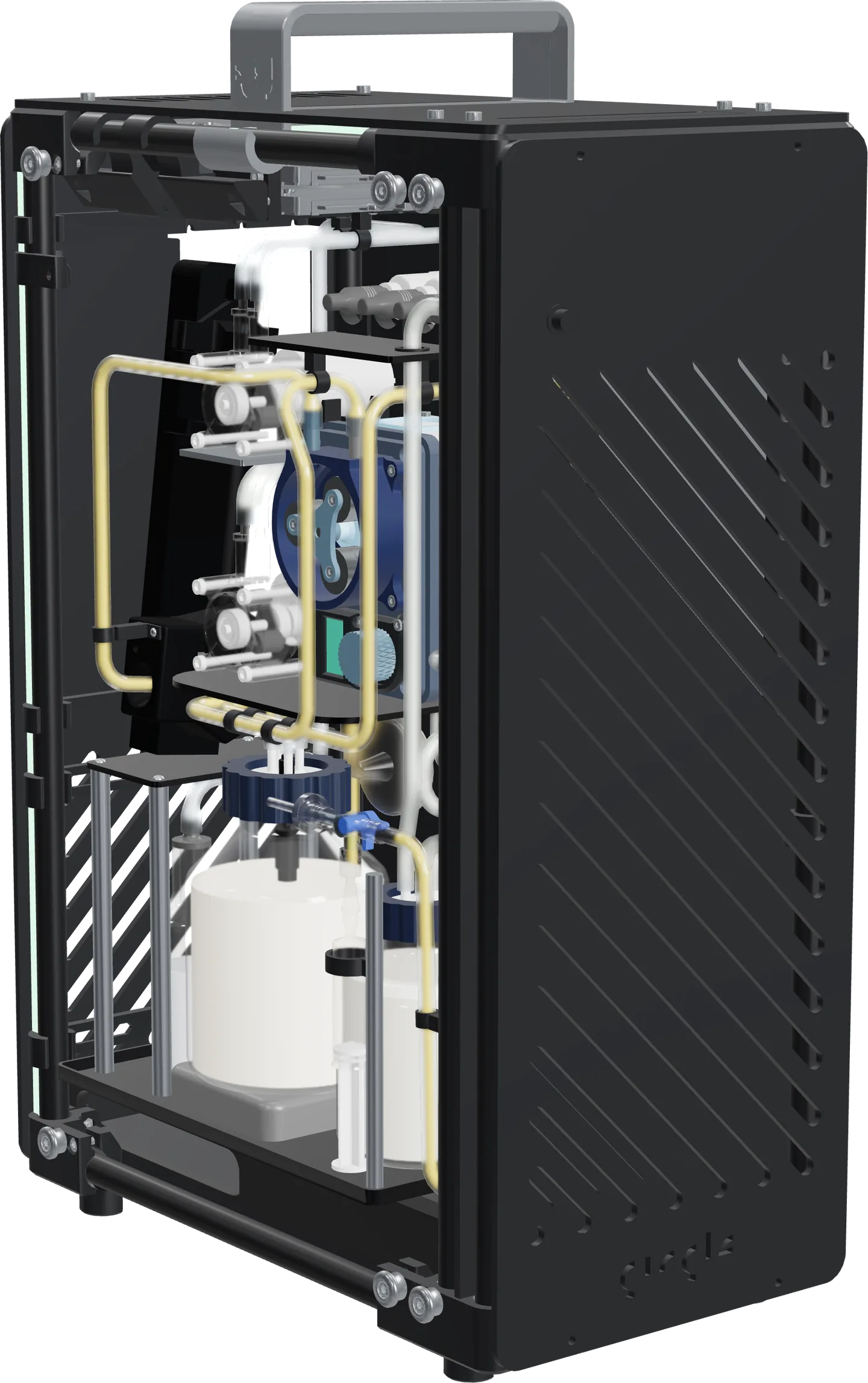 The ReLEAF bioreactor as a sealed black carry case with a handle, one side open to show the culture reservoir, the peristaltic pump, the hollow-fibre module and the tubing inside.