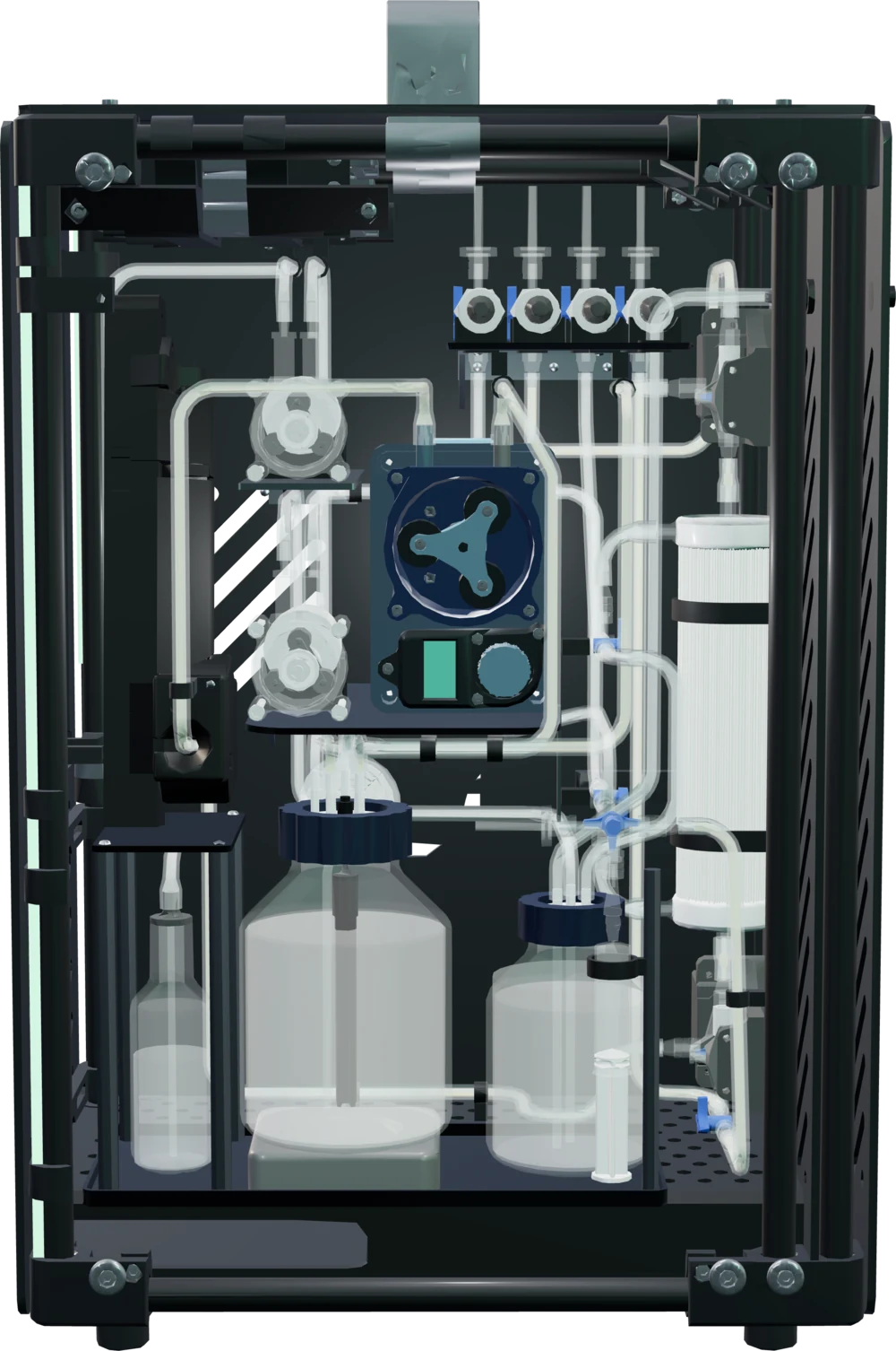 A front-on render of the final ReLEAF bioreactor: a black-framed cabinet holding a peristaltic pump, a bank of four pinch valves, two capped media bottles, a culture vessel and a white hollow-fiber membrane column, all linked by clear tubing.