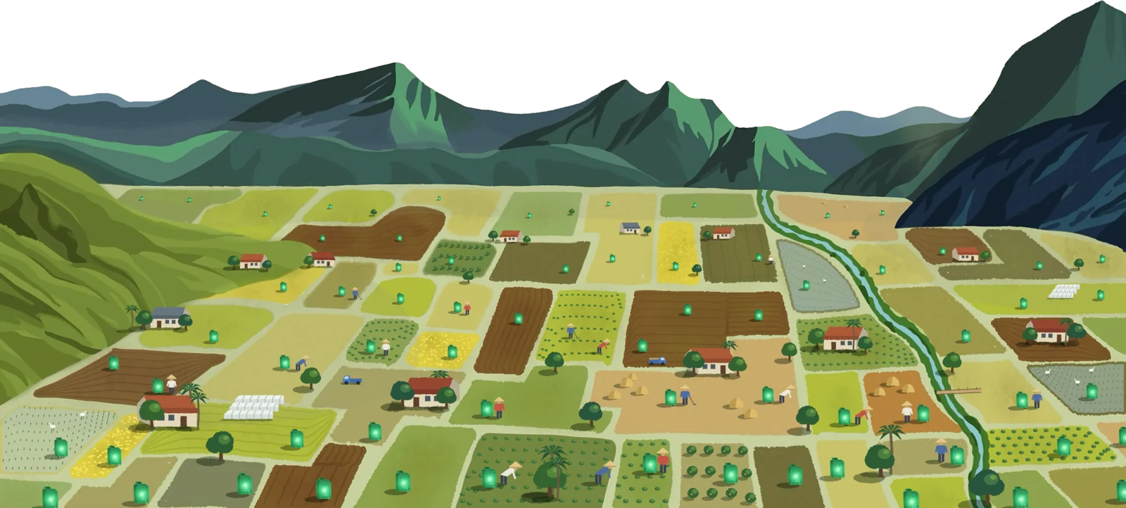 A painted farming valley under green mountains. Dozens of small fields run from the foreground back to a river and the ridge beyond, with farmhouses, greenhouses, orchards, haystacks and people at work among them, and on every plot a small bioreactor glowing green.
