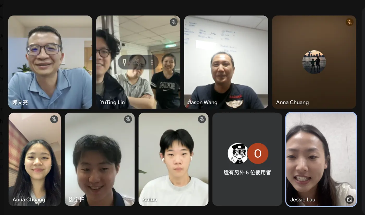 An online meeting: a slide titled Concept: Bioreactor beside a column of participant video tiles.