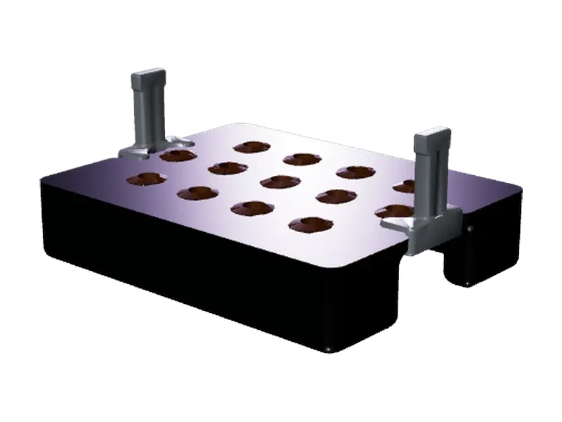 A render of the 3D-printed floating board: a dark block with a regular grid of round holes and an upright clip at each end.