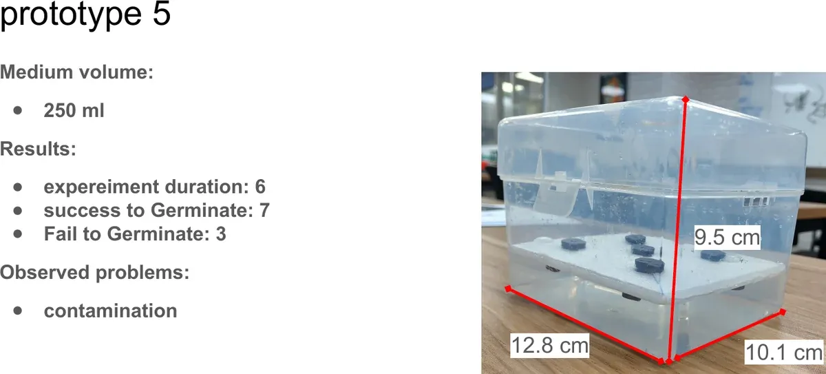 Prototype 5 record card: a 12.8 cm transparent box with 250 mL of medium; over 6 days 7 seeds germinated and 3 did not; problem: contamination.