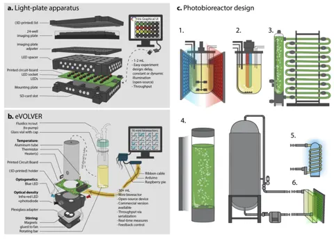 Illustrated reference figure: an exploded light plate apparatus, the eVOLVER mini-bioreactor, and six photobioreactor layouts from stirred tank to tubular and flat panel.
