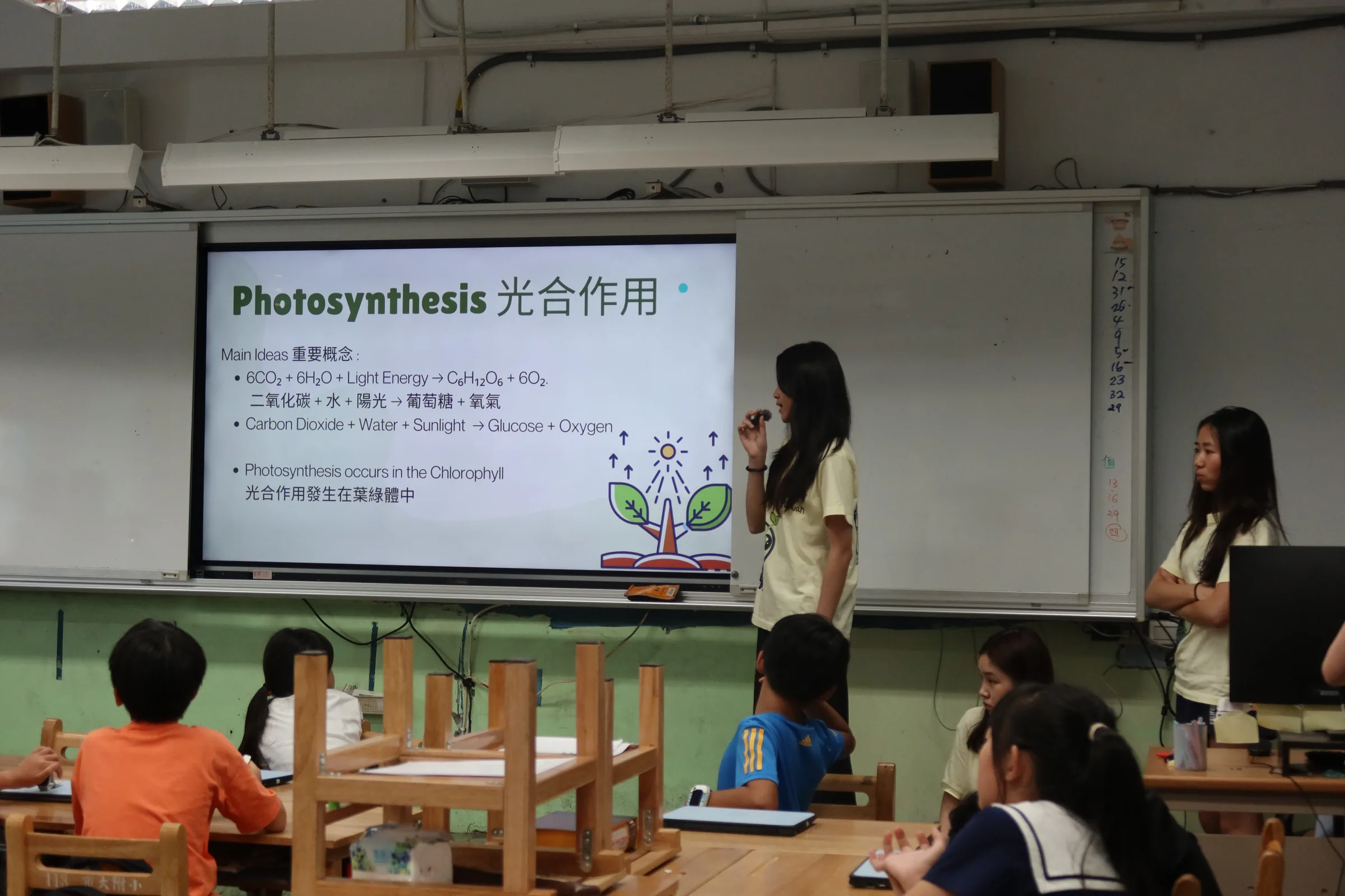 Two team members beside a projected slide titled Photosynthesis in English and Chinese, in front of a seated class.