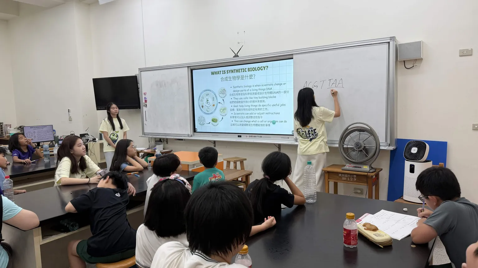 A class watching a slide titled What Is Synthetic Biology while a student writes a DNA sequence on the whiteboard.