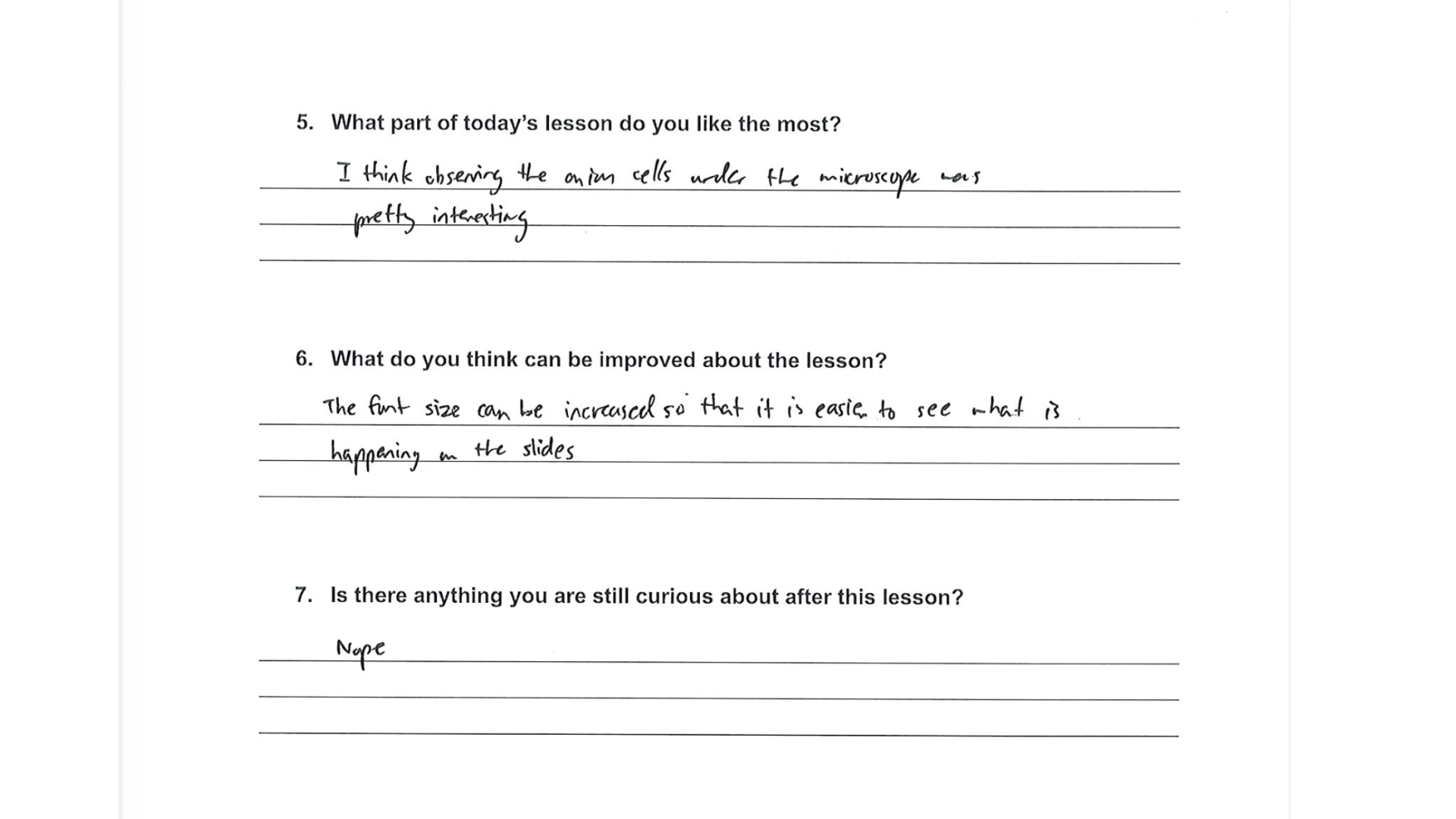 A high school student’s handwritten feedback form in English.