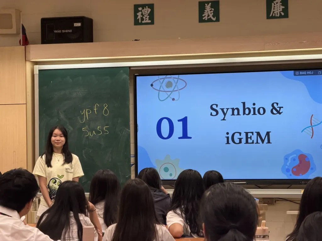 A team member standing beside a projected slide reading 01, Synbio and iGEM, in front of a seated class.