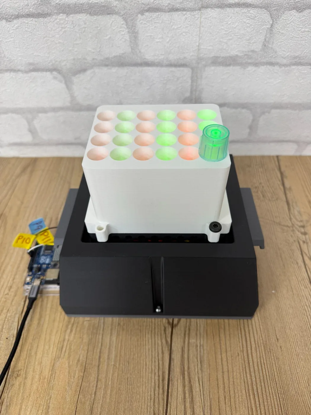The finished light plate apparatus: a printed white tube holder with twenty-four wells lit in alternating green and red sitting in a black enclosure, one transparent tube glowing green, with the Arduino on the bench beside it.