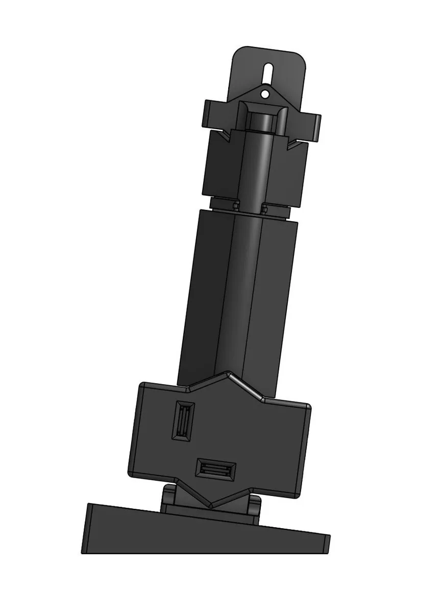 CAD render of the final photometer: a tall printed column with snap-in covers over the light path, a wide base and a wedge under the body that sets the tilt.