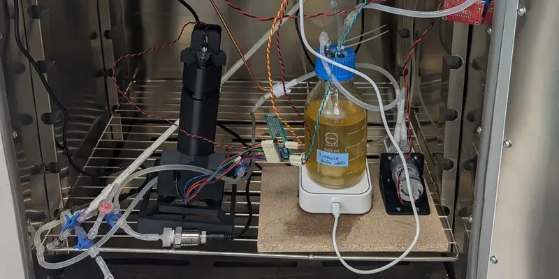 The rig running inside an incubator: a 500 millilitre culture bottle on a stirrer, the hollow-fibre loop, the pump, an in-line filter and the pressure transducers on their boards.