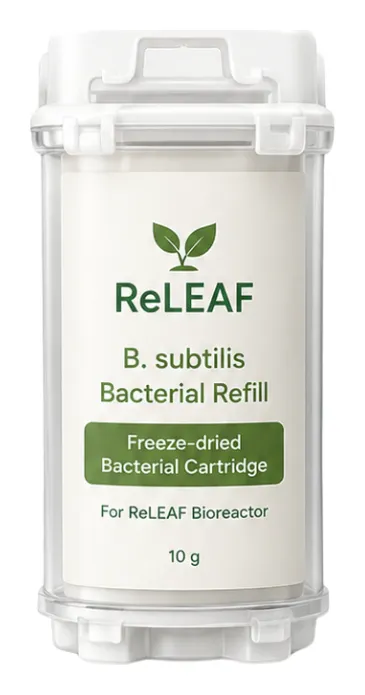 A white cylindrical cartridge labelled ReLEAF, B. subtilis Bacterial Refill, Freeze-dried Bacterial Cartridge, For ReLEAF Bioreactor, 10 g.