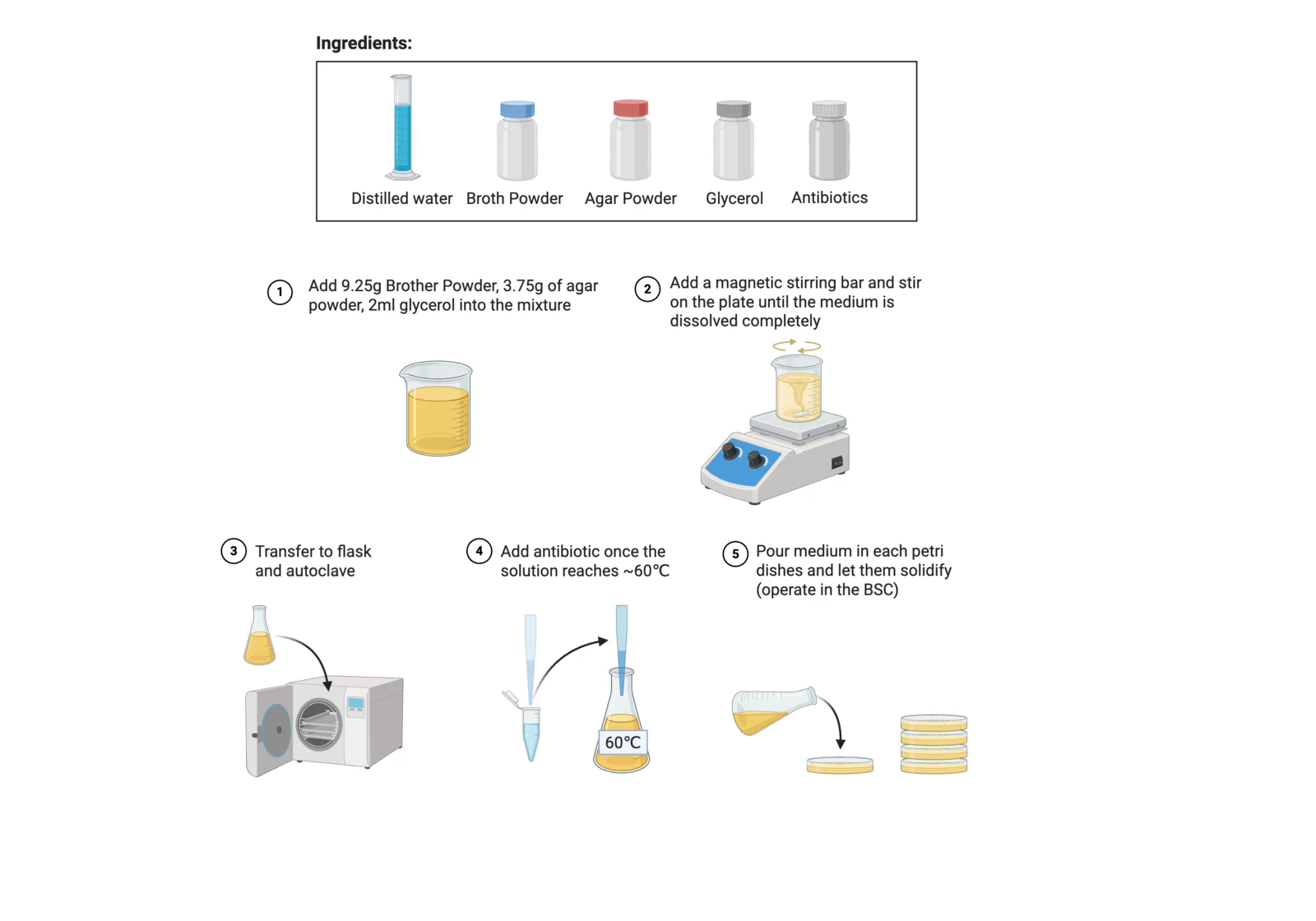 Procedure diagram for culture agar preparation: weigh LB agar into a flask with water and glycerol, stir, autoclave, cool in the cabinet, add antibiotic, pour plates.