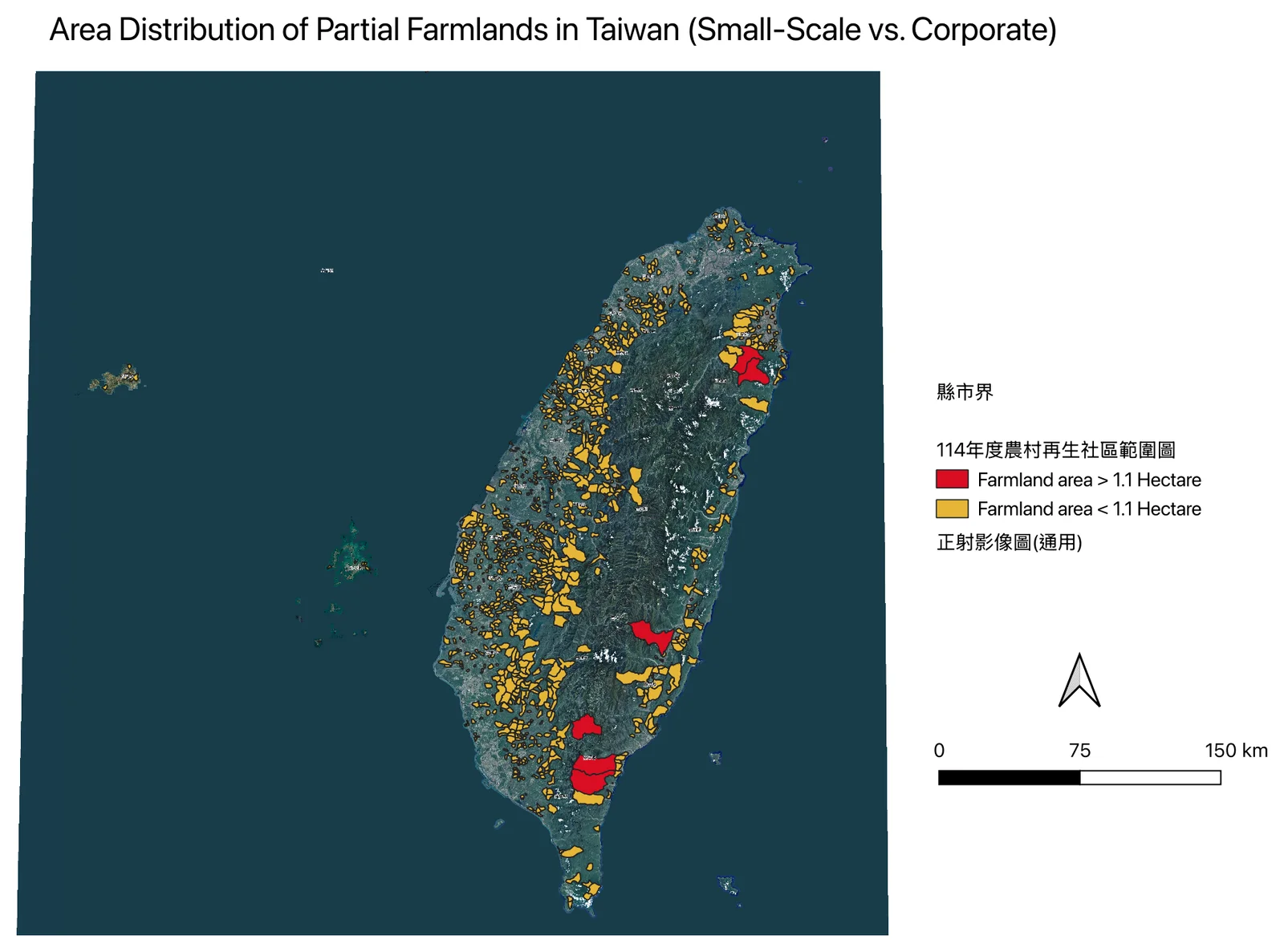 Satellite map of Taiwan with rural community boundaries filled yellow where recorded farmland is under 1.1 hectares and red where it is above; yellow polygons cover the whole western plain while only three red polygons appear.