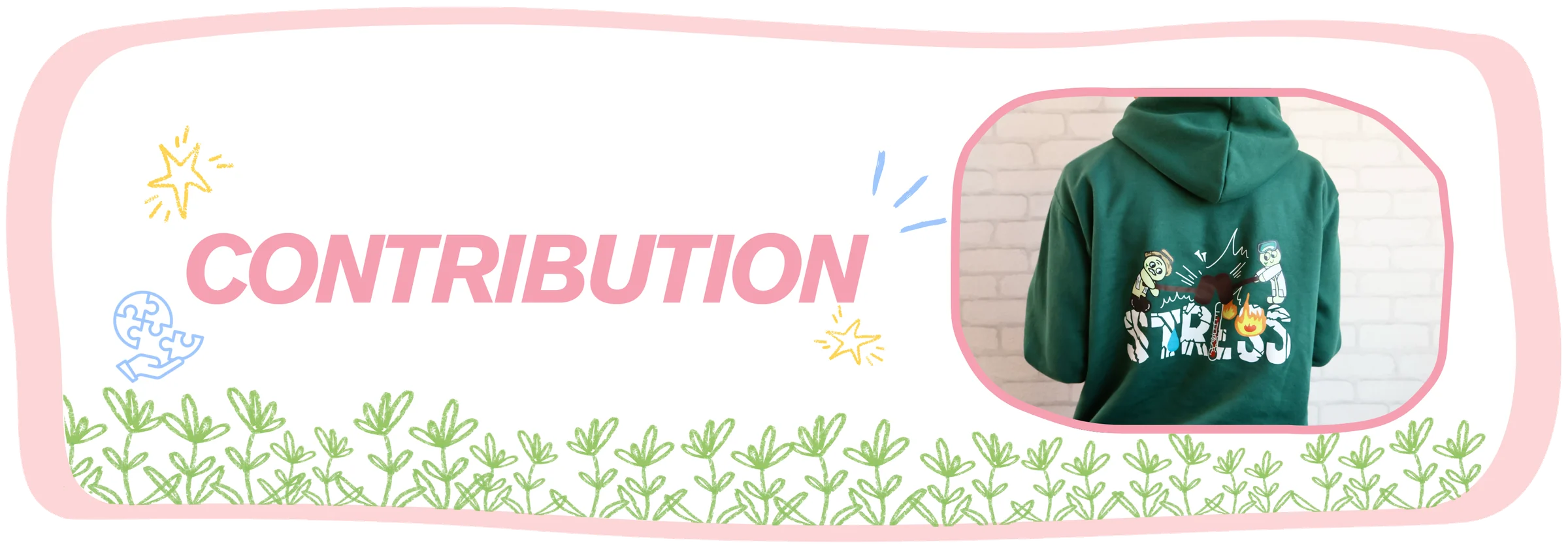 Contribution. The back of a green team hoodie printed with the cartoon ReLEAF characters.