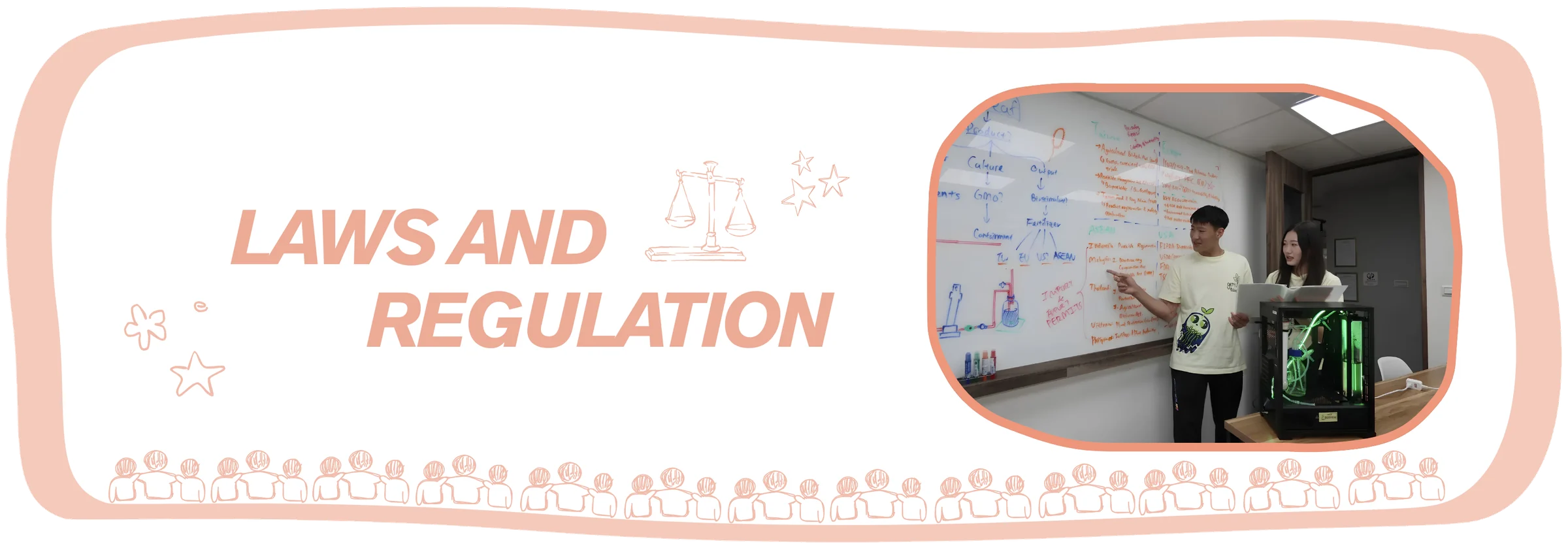 Laws and Regulation. Two team members present at a whiteboard covered in a hand-drawn flow chart, one pointing at it while the other reads from notes.