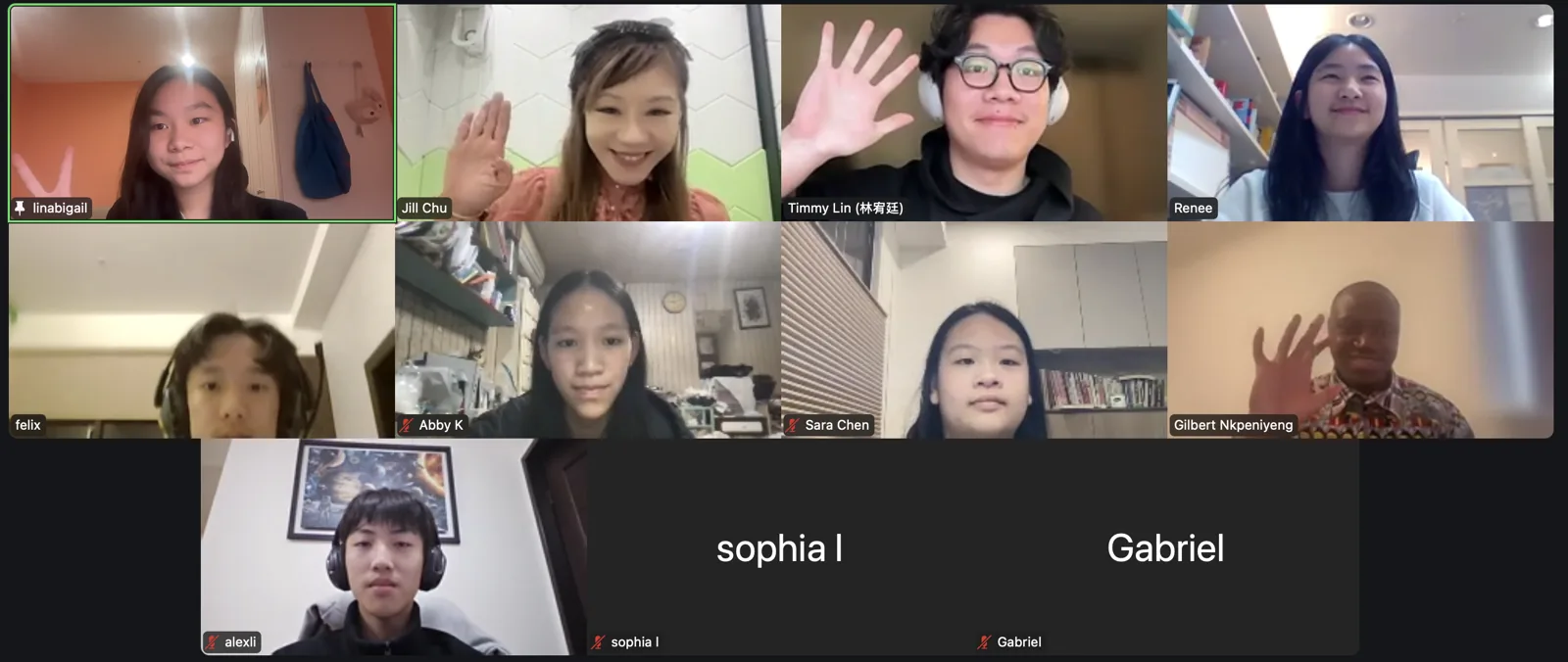A video call with Gilbert Nkpeniyeng and team members waving from their tiles.