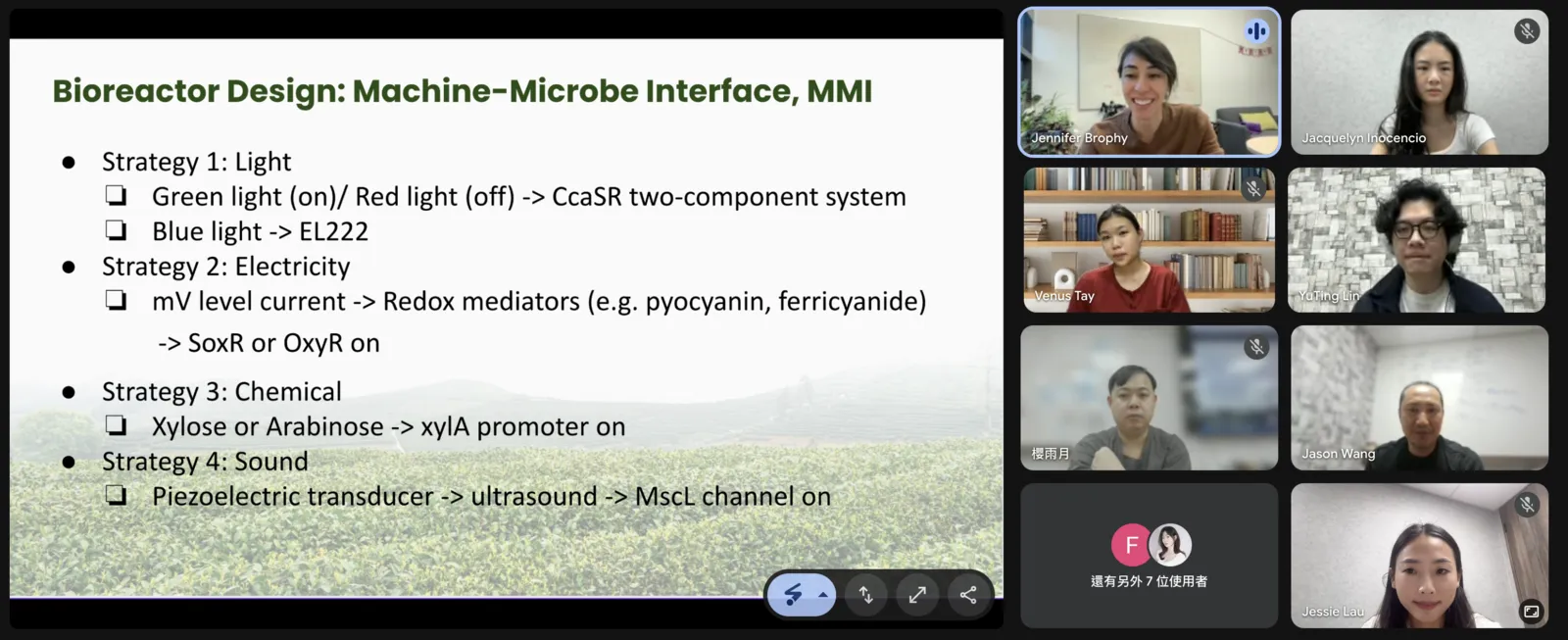 A video call slide listing light, electricity, chemical and sound as ways to signal the bacteria, beside participant tiles.