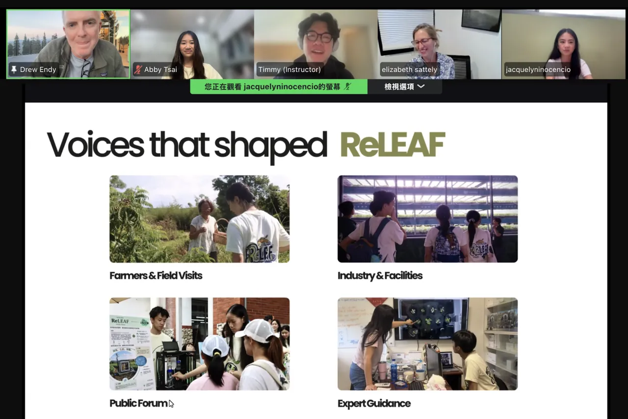 A video call: Prof. Endy, Dr. Sattely and team members in tiles above a slide headed Voices that shaped ReLEAF.