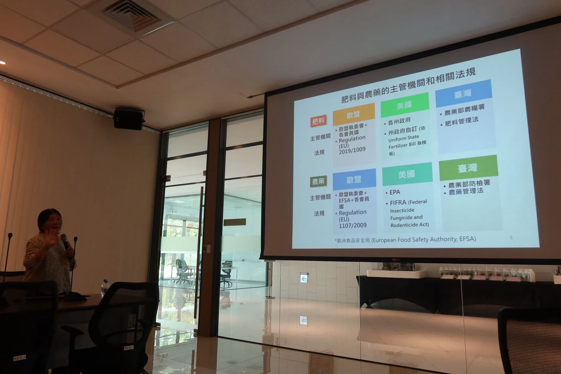 A speaker at CH Biotech presents a slide comparing the competent authorities and laws for fertilizers and pesticides in the EU, the United States and Taiwan.