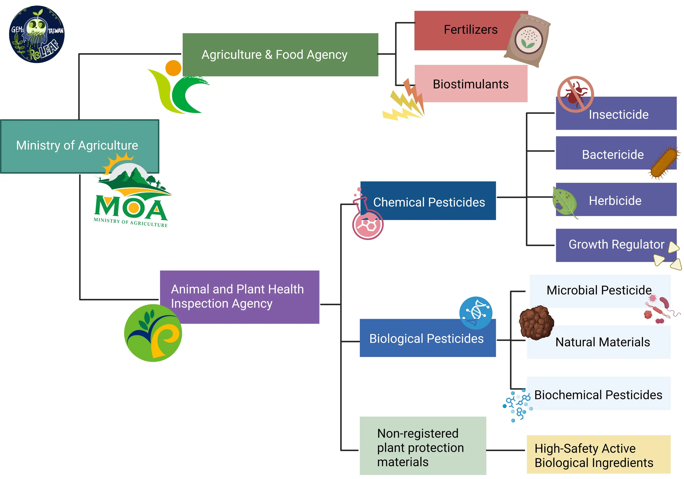 A tree diagram. The Ministry of Agriculture branches to the Agriculture and Food Agency, which covers fertilizers and biostimulants, and to the Animal and Plant Health Inspection Agency, which covers chemical pesticides (insecticide, bactericide, herbicide, growth regulator), biological pesticides (microbial pesticide, natural materials, biochemical pesticides) and non-registered plant protection materials (high-safety active biological ingredients).