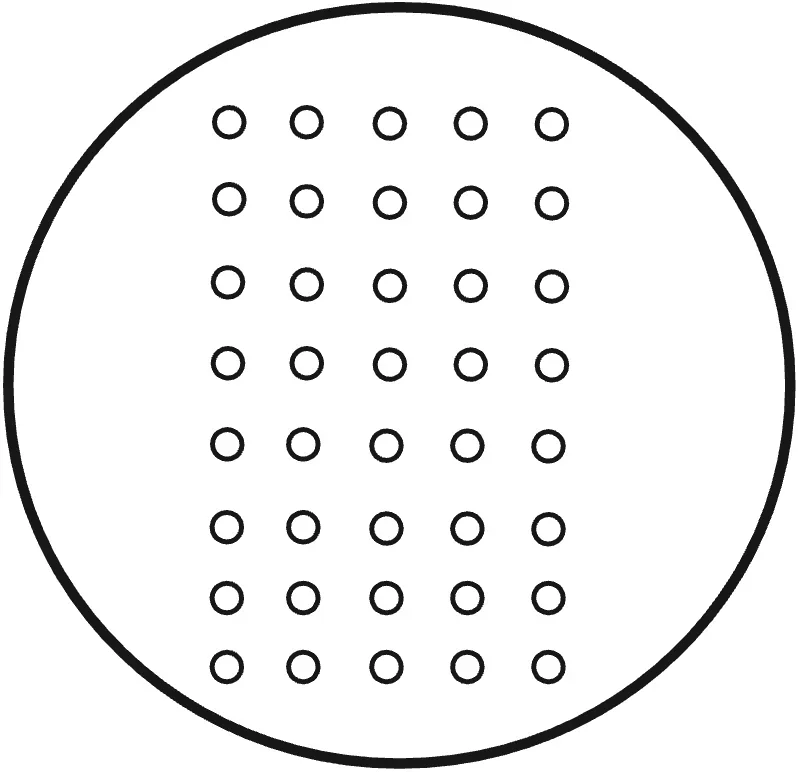 A circle representing a round petri dish, with forty small open circles arranged in a grid of five columns and eight rows in the middle.