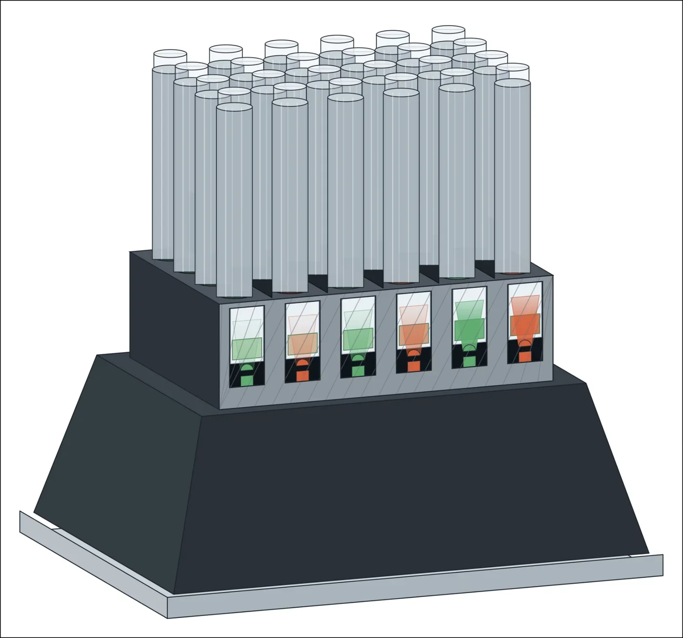 A drawn cross-section of the light plate apparatus, showing the tube rack above six lit wells, each with an LED and a diffuser below the tube.