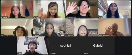 A video call grid of team members and two guests during the first Human Practices meeting.
