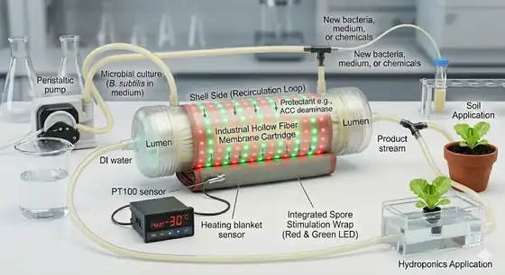 A rendered diagram of the bioreactor: a peristaltic pump feeding an industrial hollow-fibre membrane cartridge with a labelled lumen and shell side, a heating blanket and PT100 sensor, a red and green LED spore stimulation wrap, and product streams going to a potted plant and to a hydroponics tray.