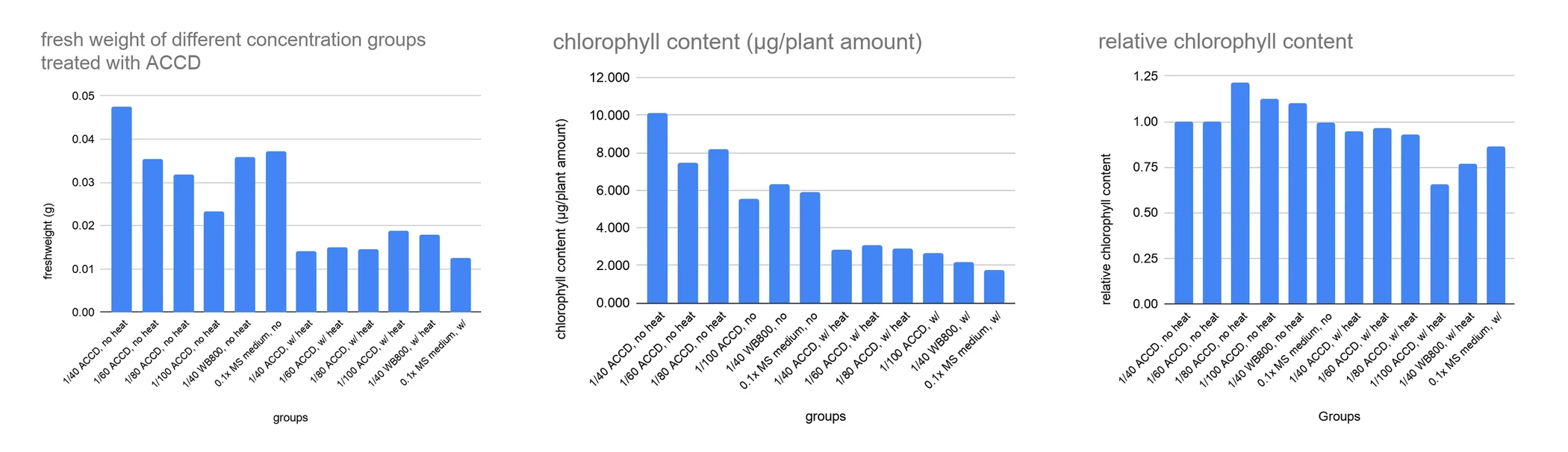 Three bar panels across the ACCD concentration groups after heat: fresh weight in grams, chlorophyll content per plant number, and relative chlorophyll content.