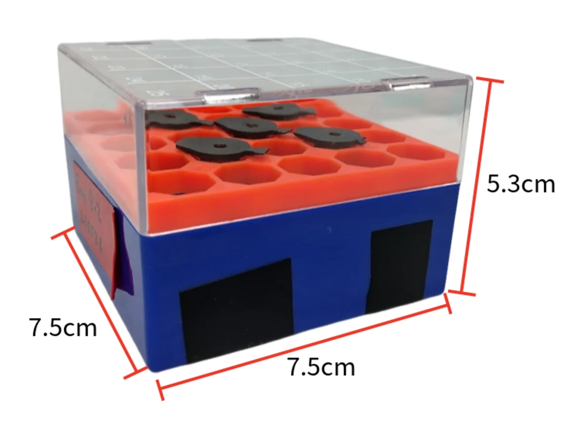 Prototype 2: a small blue box with a red holder and a clear lid, 7.5 by 7.5 by 5.3 centimetres.