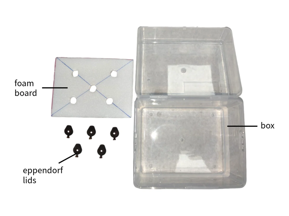 The white foam board with five holes, Eppendorf lids and the open tip box.