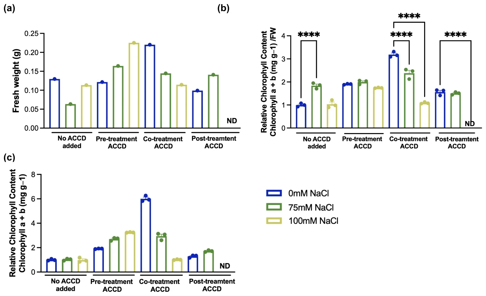 Three panels for no ACCD, pre-, co- and post-treatment at 0, 75 and 100 millimolar NaCl: fresh weight, relative chlorophyll with fresh weight normalization with several significance brackets, and without normalization. The post-treatment 100 millimolar group is marked ND.