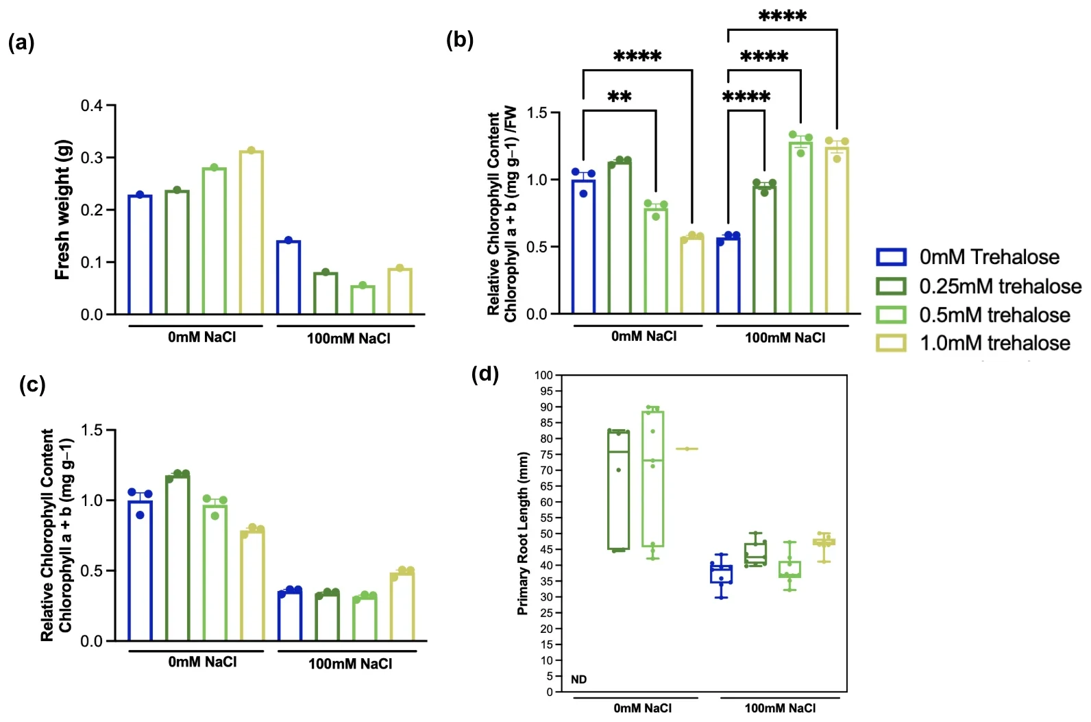 Four panels: fresh weight; relative chlorophyll content with fresh weight normalization, with significance brackets; relative chlorophyll content without normalization; primary root length box plot. Groups are 0, 0.25, 0.5 and 1.0 millimolar trehalose at 0 and 100 millimolar NaCl.