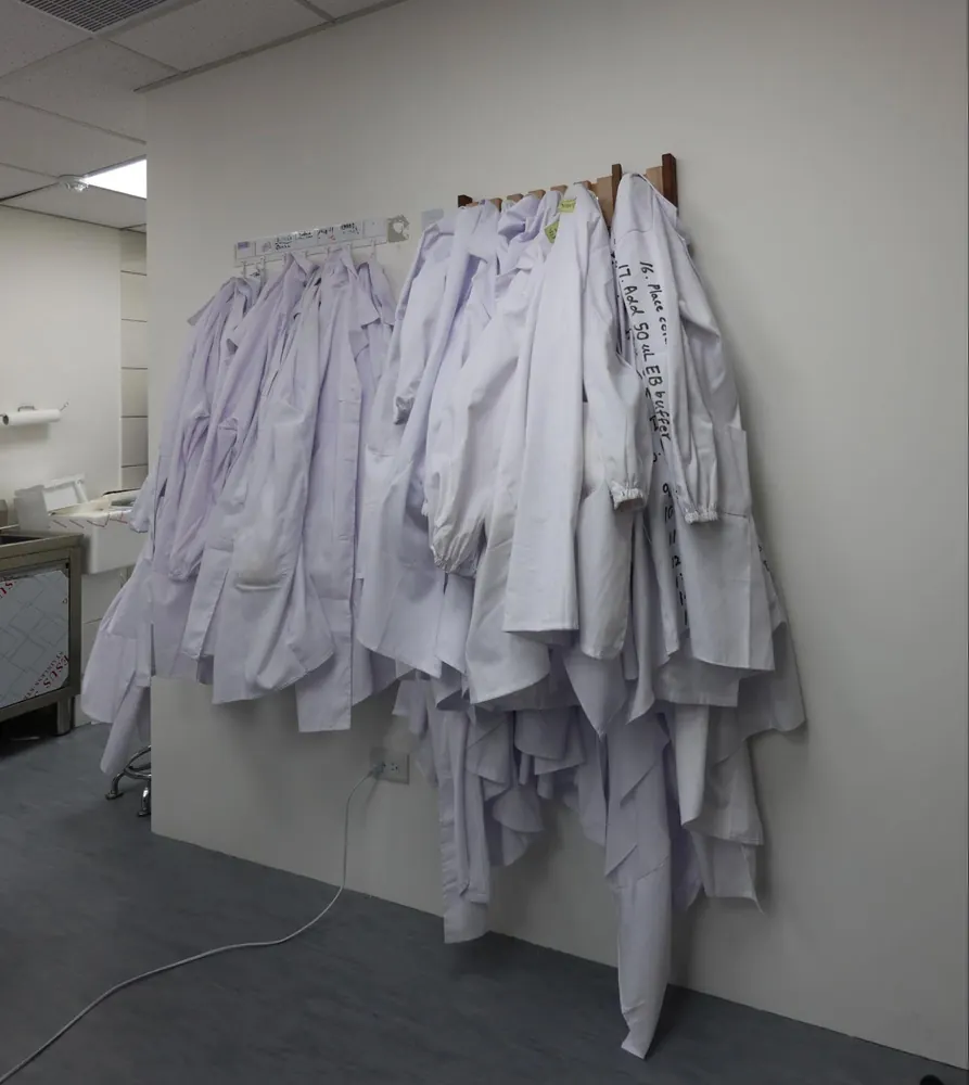 White lab coats and gowns hanging in a row on a wall rack.