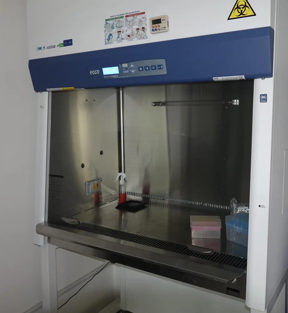 A second biosafety cabinet with a blue frame and a transparent glass sash.