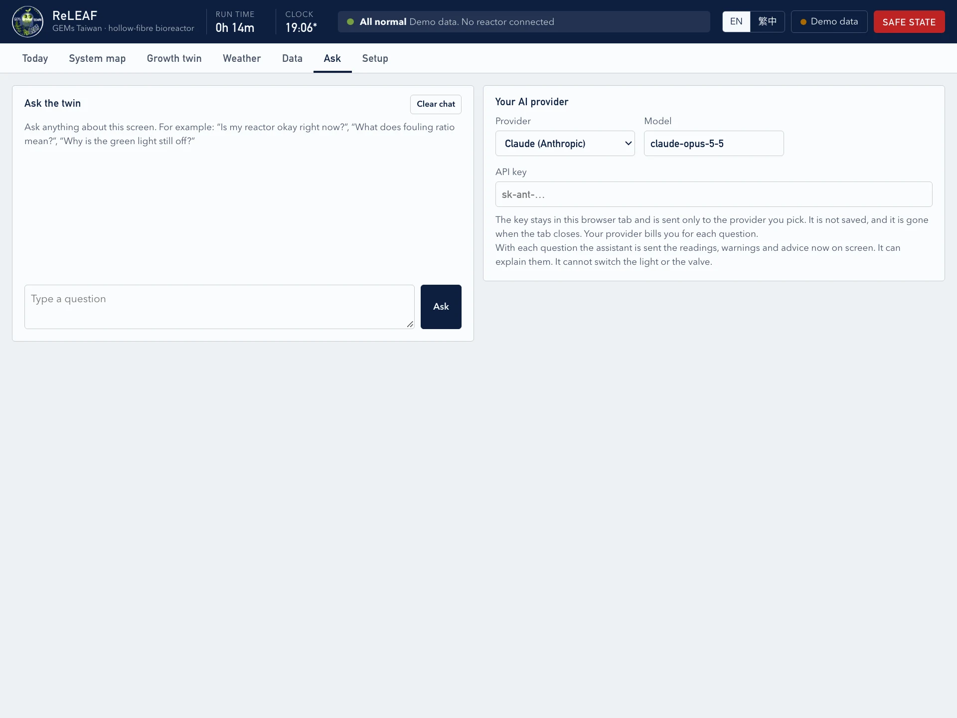 The Ask tab of the next Digital Twin: a chat box with example questions on the left, and on the right a panel to choose an AI provider and model and paste an API key.