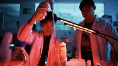 Pipetting beside an orange lamp