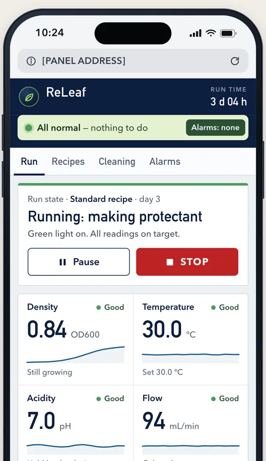 The same screen as a phone page: the All normal banner, the run state and the readings stacked in one column.
