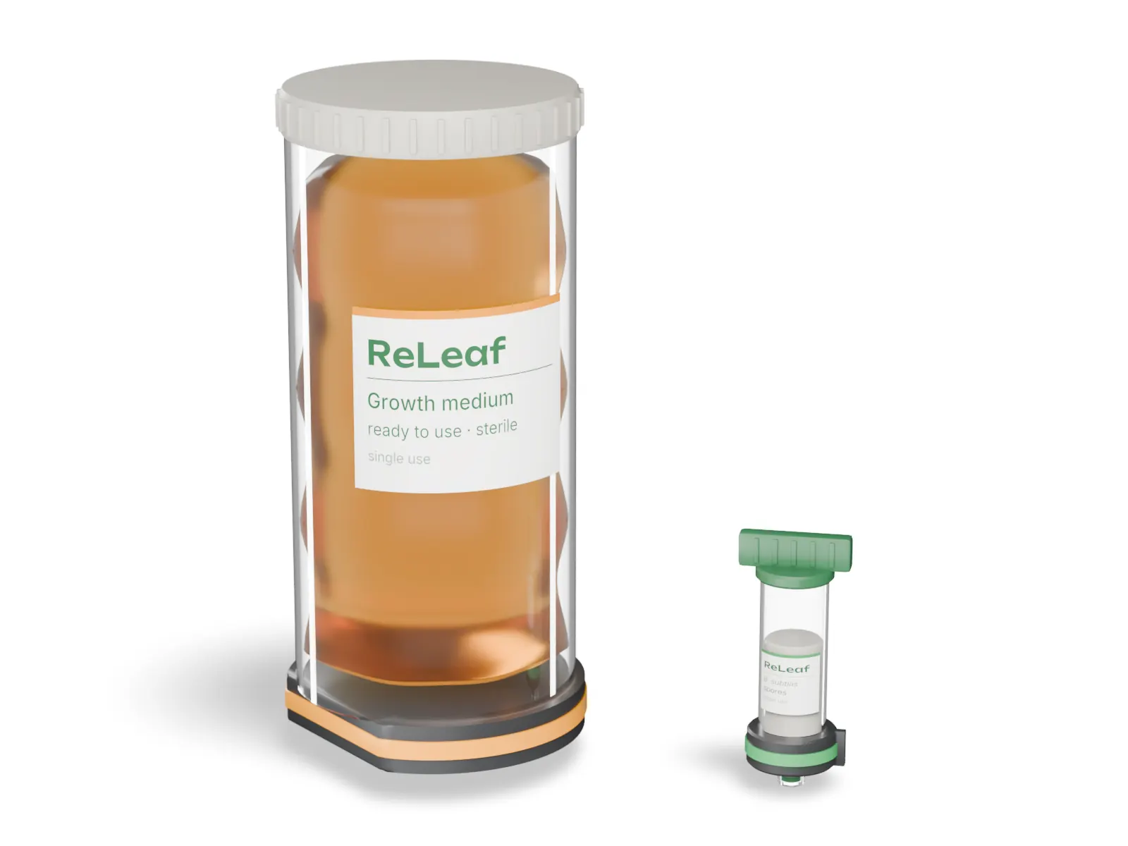 A render of the two refill cartridges on a white background: the larger medium cartridge on the left, the small spore-culture cartridge on the right