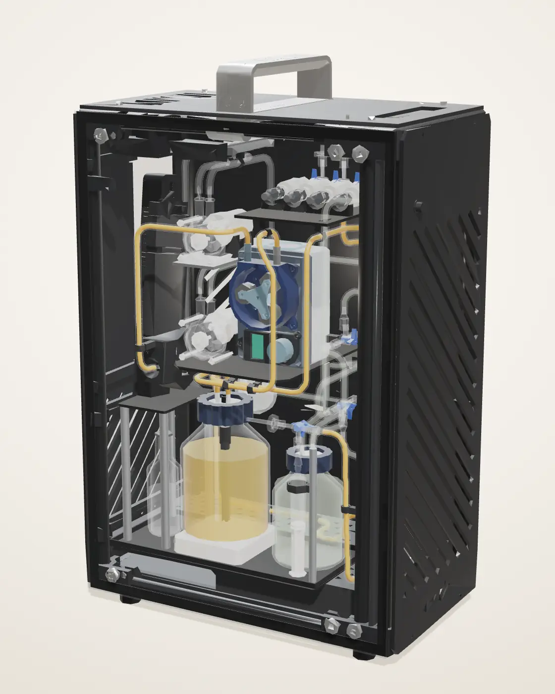 The commercial bioreactor, closed, three-quarter view: a black cabinet with a smoked-glass door and a handle on top, the pumps, valves and bottles visible through the glass.