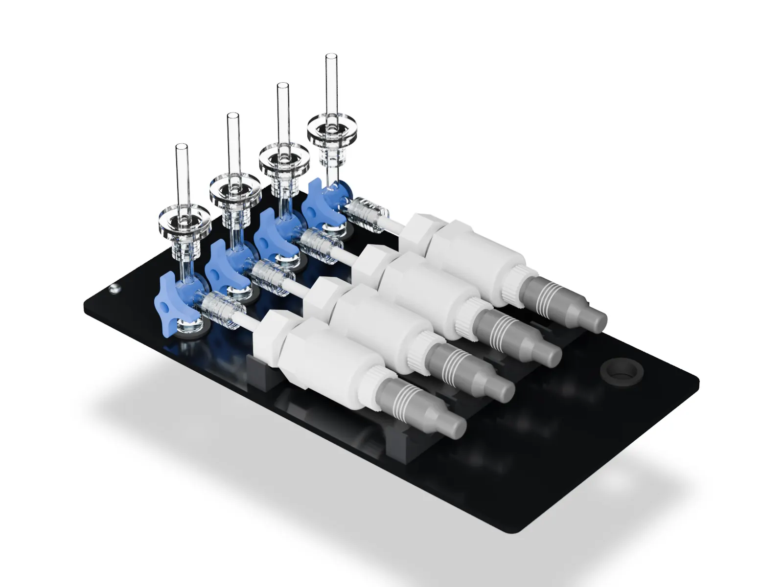 A render of the commercial bioreactor's upper deck: the hollow-fiber membrane with its four pressure sensors in a row around it