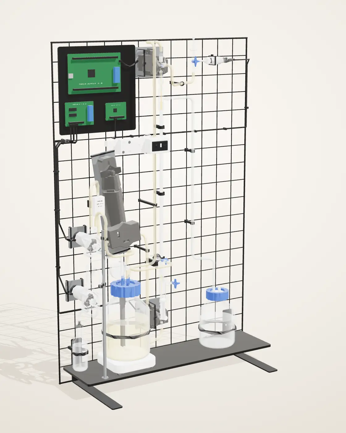 The lab bioreactor, three-quarter view from the front left: a black wire-grid panel on two L-bracket feet, the electronics plate at the top left, the photometer on its tilted bracket, the membrane standing as a column in the middle, the culture bottle on its stirrer and the protectant bottle on a black shelf.