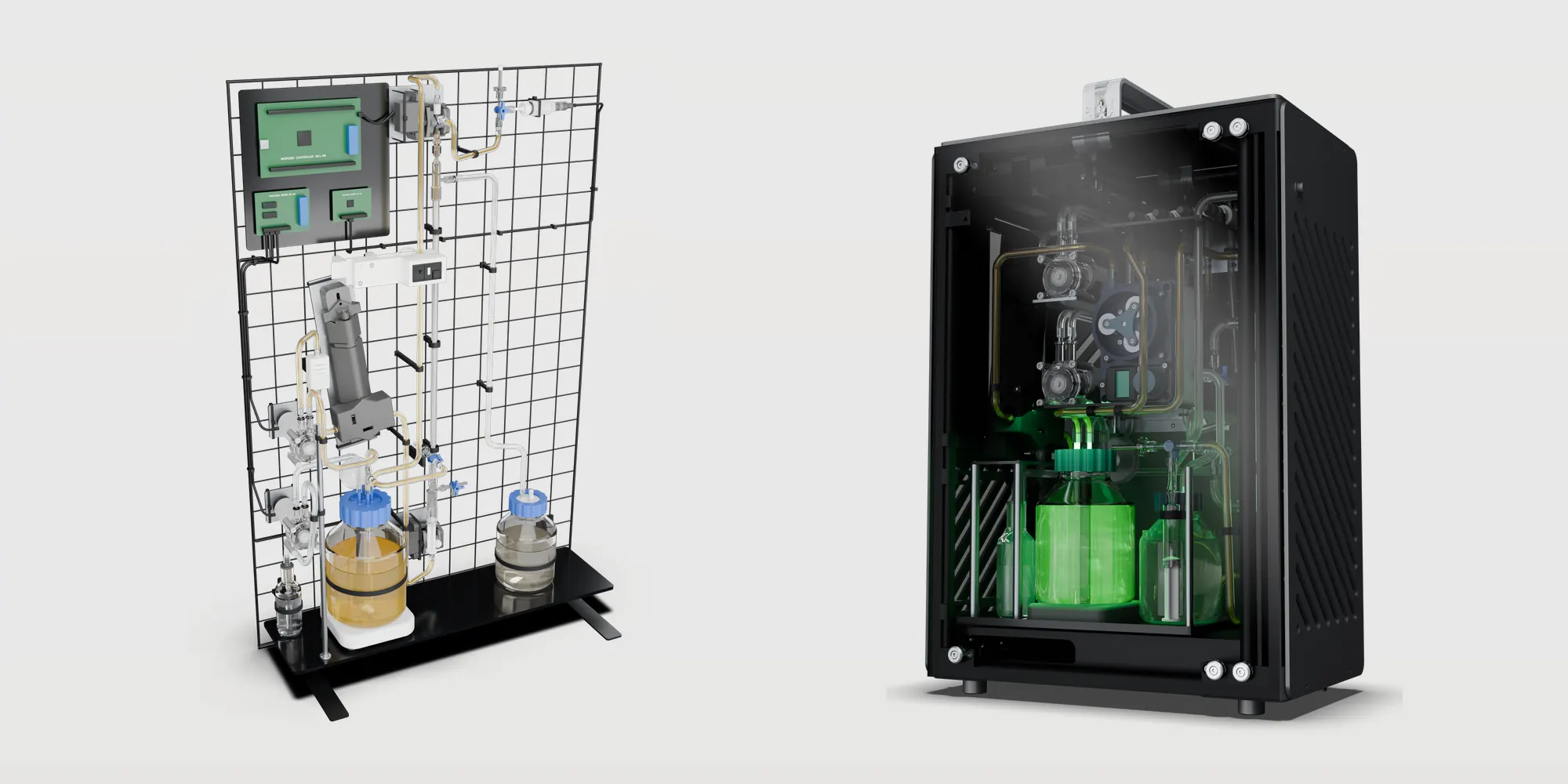 Two renders on one light background: on the left the lab bioreactor, an open rack of parts on a wire-grid panel; on the right the commercial bioreactor, a closed black cabinet with a smoked-glass door and the culture chamber lit green behind it.