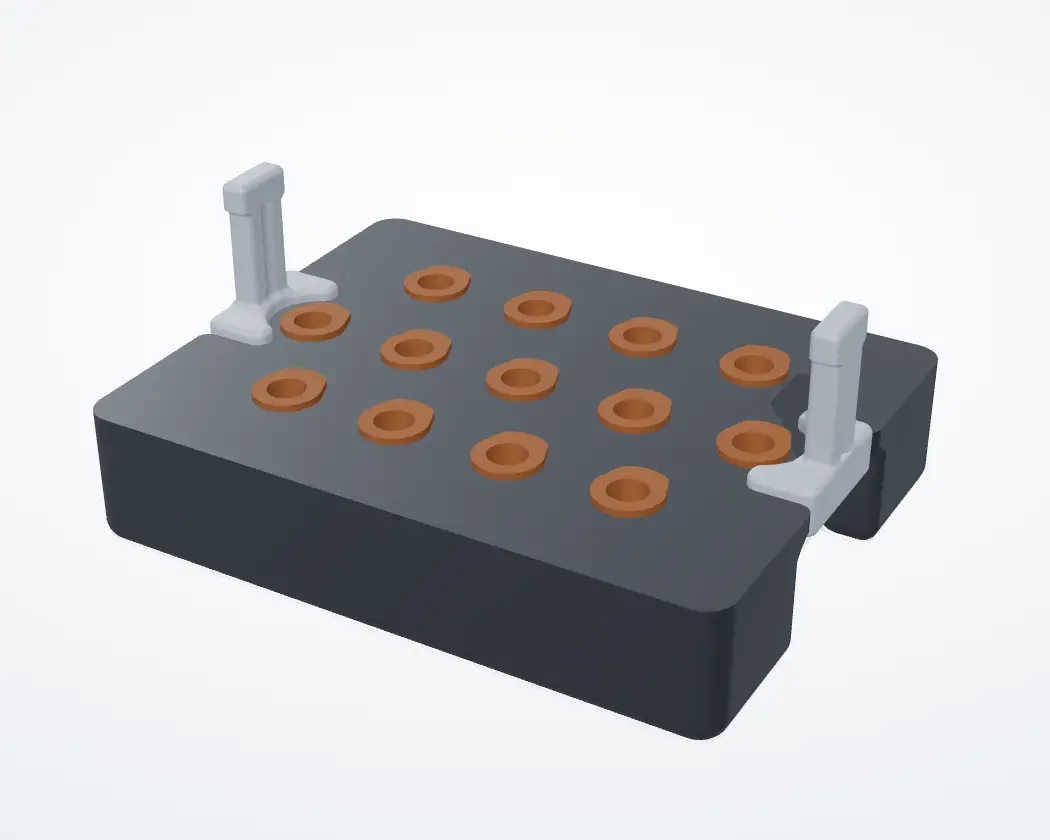 The floating plate, assembled, at a three-quarter view: the black plate with thirteen brown seed holders in its bores and a grey handle clipped into each end.