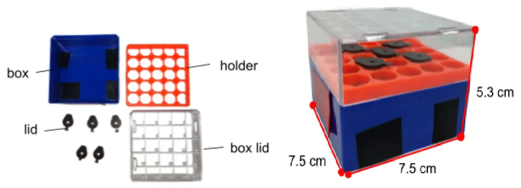 The second container: a small ready-made box, 7.5 by 7.5 by 5.3 cm, with a blue base, an orange holder grid and a clear lid, the seed-holder lids sitting in the grid.