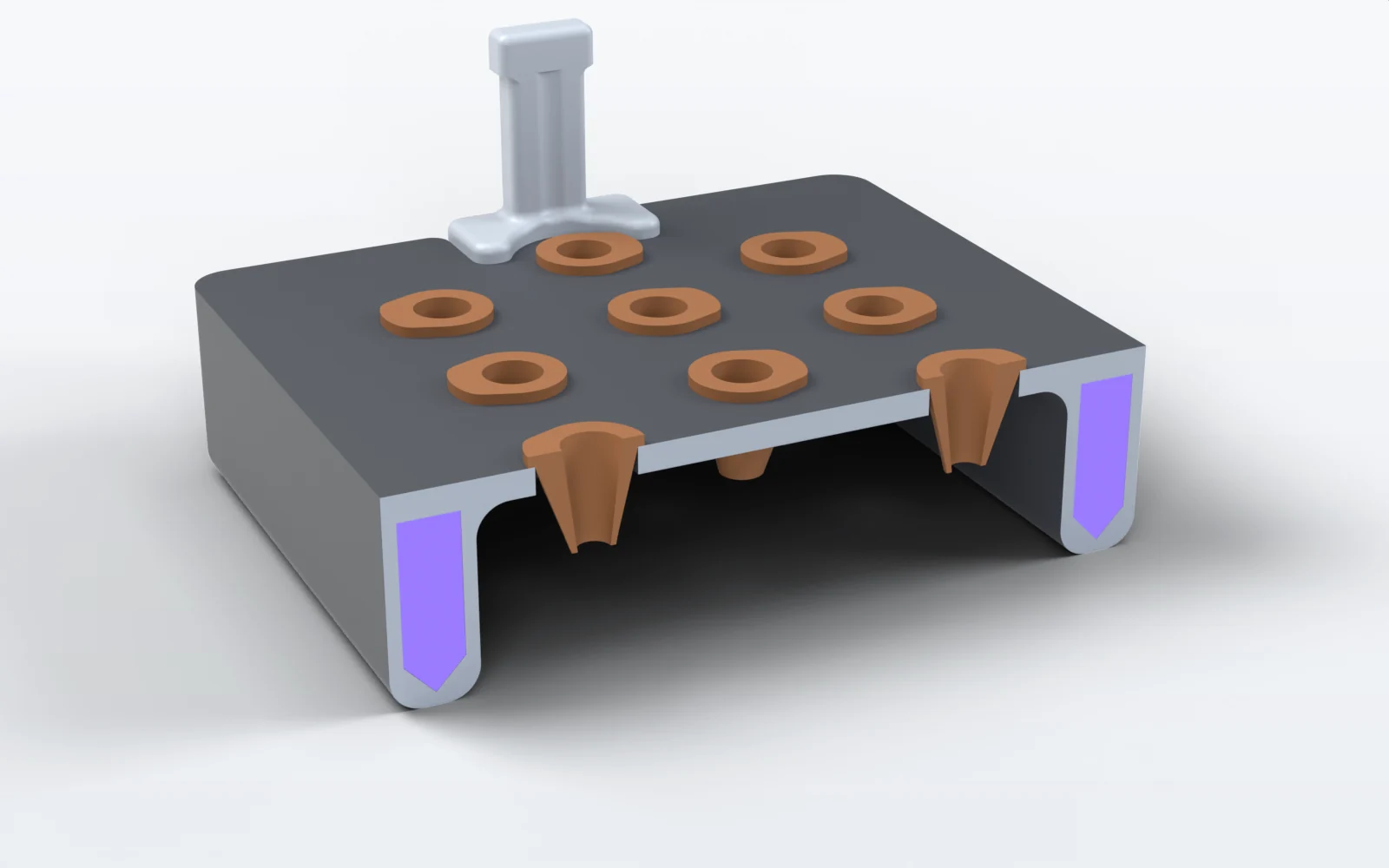 Render of the floating plate from its CAD, cut across the outer row of seed holders. A dark slab is carried by a pontoon along each long side; inside each pontoon is a violet sealed chamber that closes to a point. Brown seed holders sit in the bores and a grey handle stands at the far end.