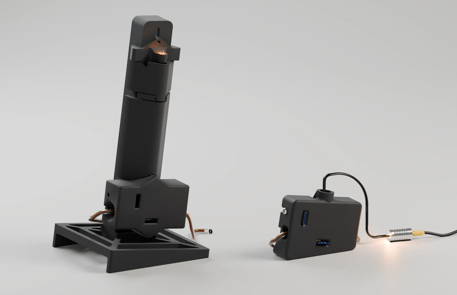 The Pro photometer, a tall column on a square wedge base, beside the much smaller Slim photometer, a low black case with its fiber illuminator on a cable, both rendered at the same scale. Both amber LEDs are lit, and short clear silicone tubes filled with culture curl from each flow cell down onto the bench.
