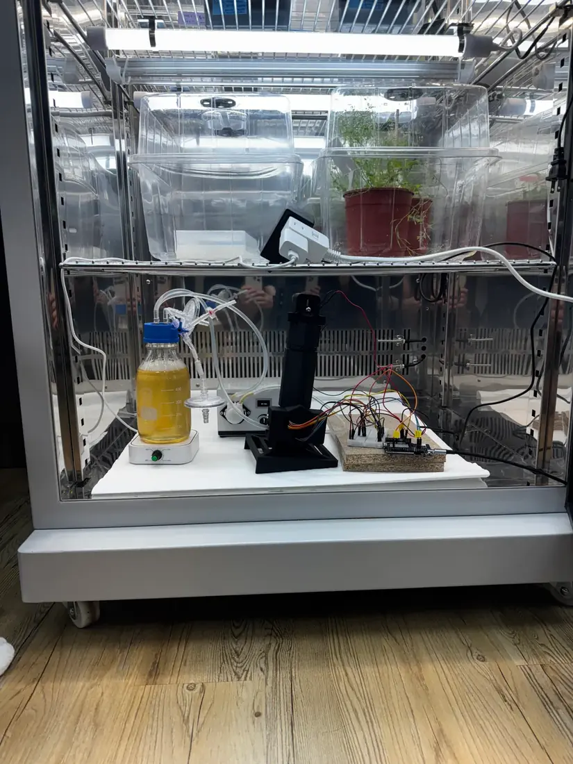 The run inside a glass-fronted growth chamber: a stirred bottle of yellow culture, the peristaltic pump, the black photometer column on its angled base, and the wired controller board