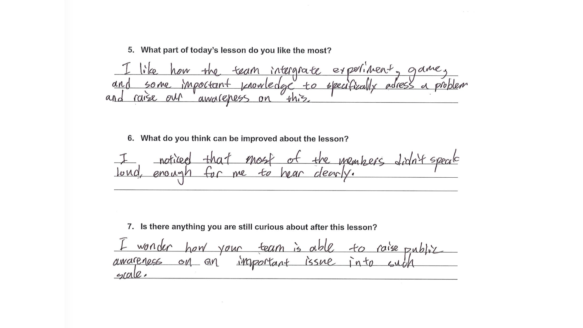 A high school student’s handwritten feedback form in English.