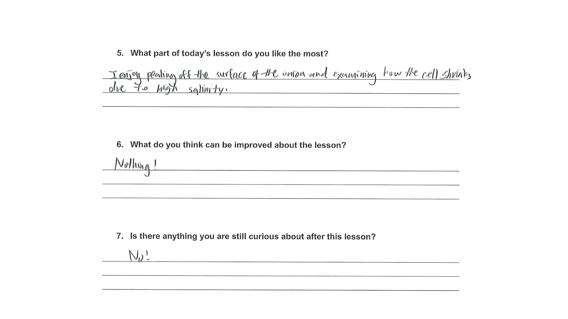A high school student’s handwritten feedback form in English.